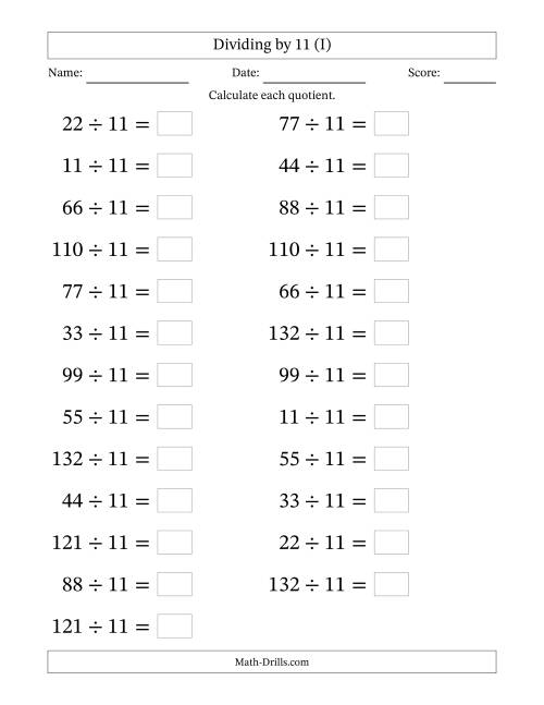 The Horizontally Arranged Dividing by 11 with Quotients 1 to 12 (25 Questions; Large Print) (I) Math Worksheet