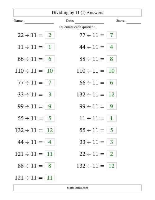 The Horizontally Arranged Dividing by 11 with Quotients 1 to 12 (25 Questions; Large Print) (I) Math Worksheet Page 2