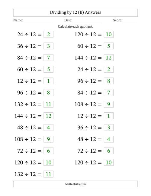 The Horizontally Arranged Dividing by 12 with Quotients 1 to 12 (25 Questions; Large Print) (B) Math Worksheet Page 2