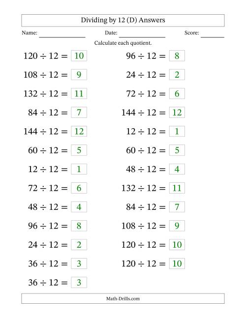 The Horizontally Arranged Dividing by 12 with Quotients 1 to 12 (25 Questions; Large Print) (D) Math Worksheet Page 2