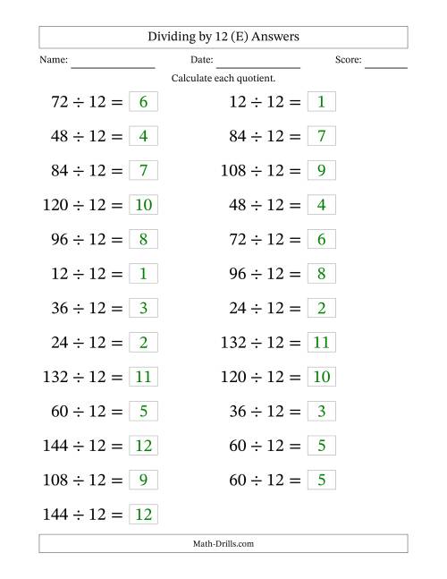 The Horizontally Arranged Dividing by 12 with Quotients 1 to 12 (25 Questions; Large Print) (E) Math Worksheet Page 2