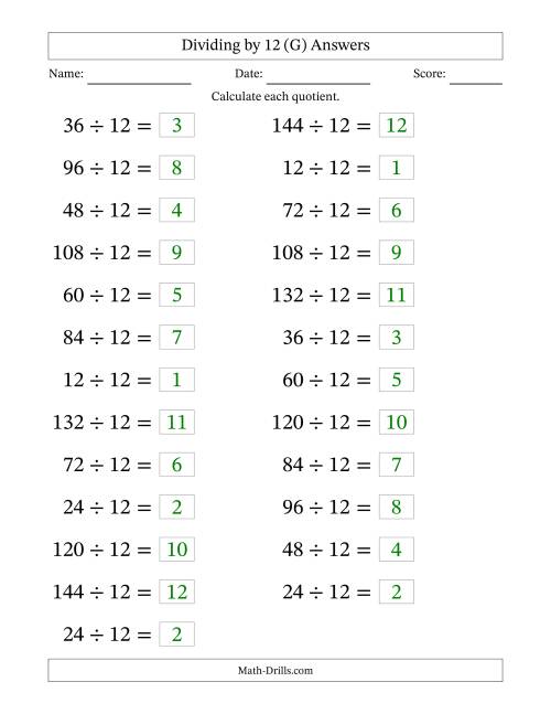 The Horizontally Arranged Dividing by 12 with Quotients 1 to 12 (25 Questions; Large Print) (G) Math Worksheet Page 2