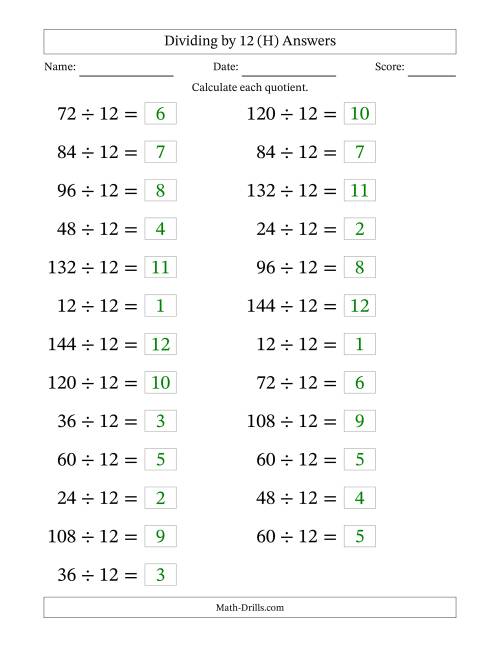 The Horizontally Arranged Dividing by 12 with Quotients 1 to 12 (25 Questions; Large Print) (H) Math Worksheet Page 2