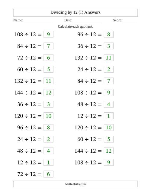 The Horizontally Arranged Dividing by 12 with Quotients 1 to 12 (25 Questions; Large Print) (I) Math Worksheet Page 2