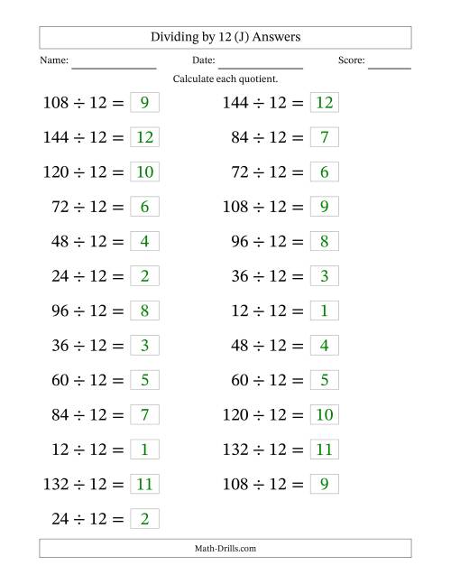 The Horizontally Arranged Dividing by 12 with Quotients 1 to 12 (25 Questions; Large Print) (J) Math Worksheet Page 2