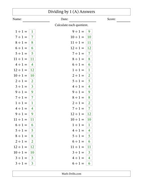 The Horizontally Arranged Dividing by 1 with Quotients 1 to 12 (50 Questions) (A) Math Worksheet Page 2