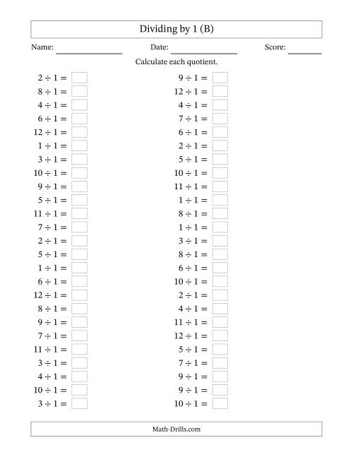 The Horizontally Arranged Dividing by 1 with Quotients 1 to 12 (50 Questions) (B) Math Worksheet