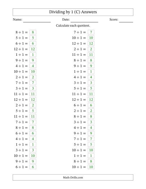 The Horizontally Arranged Dividing by 1 with Quotients 1 to 12 (50 Questions) (C) Math Worksheet Page 2