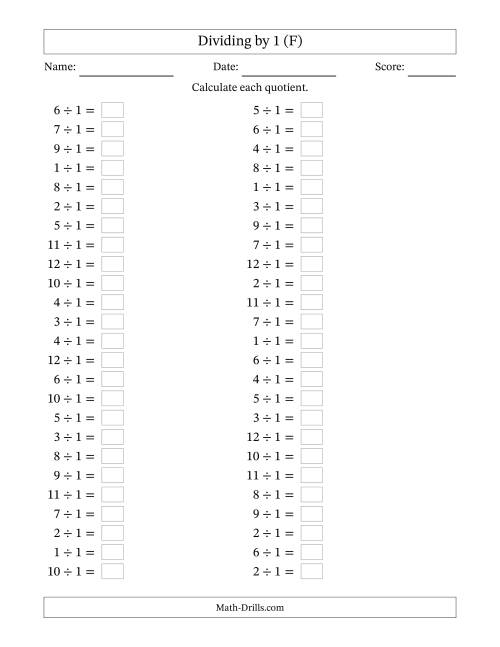 The Horizontally Arranged Dividing by 1 with Quotients 1 to 12 (50 Questions) (F) Math Worksheet