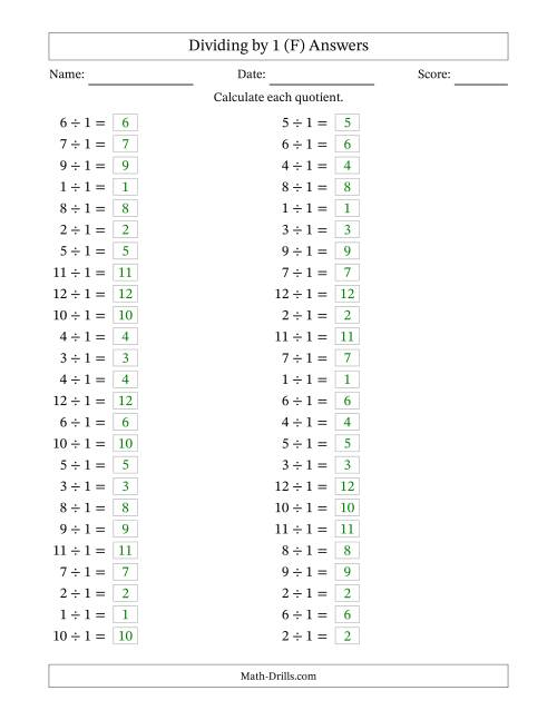The Horizontally Arranged Dividing by 1 with Quotients 1 to 12 (50 Questions) (F) Math Worksheet Page 2