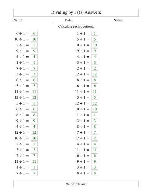 The Horizontally Arranged Dividing by 1 with Quotients 1 to 12 (50 Questions) (G) Math Worksheet Page 2