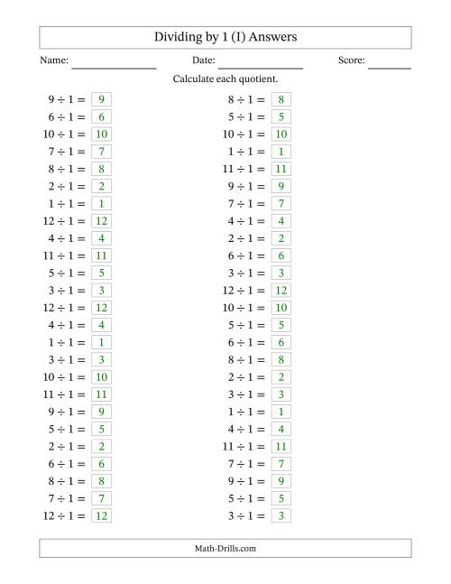 The Horizontally Arranged Dividing by 1 with Quotients 1 to 12 (50 Questions) (I) Math Worksheet Page 2