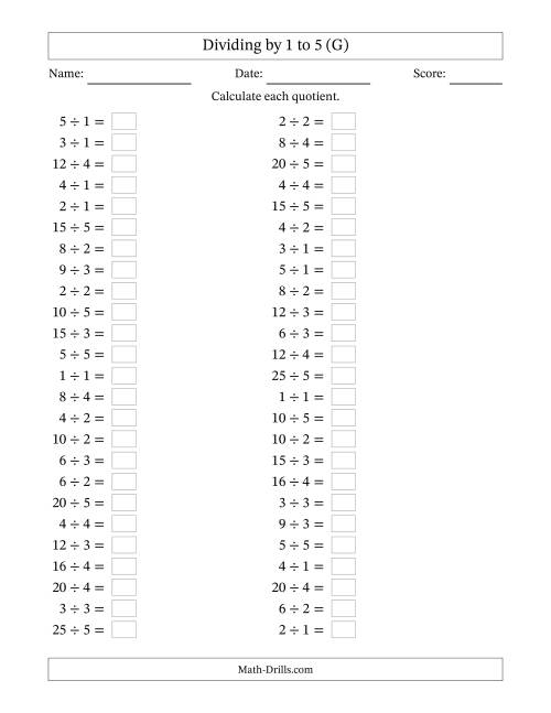 The Horizontally Arranged Division Facts with Divisors 1 to 5 and Dividends to 25 (50 Questions) (G) Math Worksheet