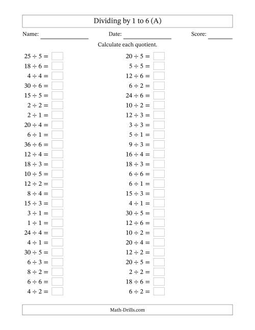 The Horizontally Arranged Division Facts with Divisors 1 to 6 and Dividends to 36 (50 Questions) (A) Math Worksheet