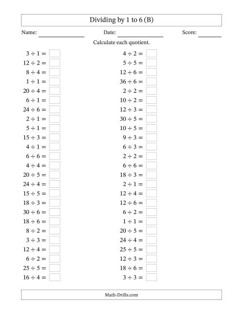 The Horizontally Arranged Division Facts with Divisors 1 to 6 and Dividends to 36 (50 Questions) (B) Math Worksheet