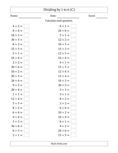 The Horizontally Arranged Division Facts with Divisors 1 to 6 and Dividends to 36 (50 Questions) (C) Math Worksheet