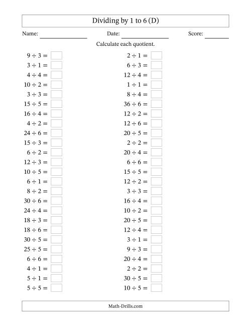 The Horizontally Arranged Division Facts with Divisors 1 to 6 and Dividends to 36 (50 Questions) (D) Math Worksheet