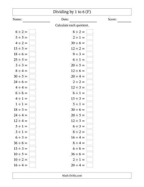 The Horizontally Arranged Division Facts with Divisors 1 to 6 and Dividends to 36 (50 Questions) (F) Math Worksheet
