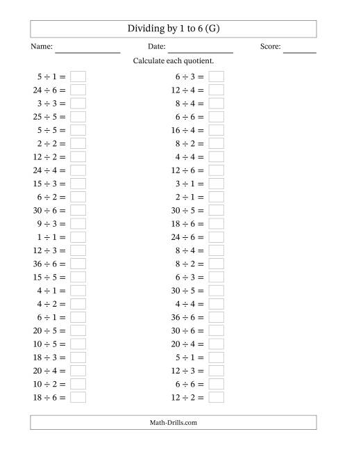 The Horizontally Arranged Division Facts with Divisors 1 to 6 and Dividends to 36 (50 Questions) (G) Math Worksheet
