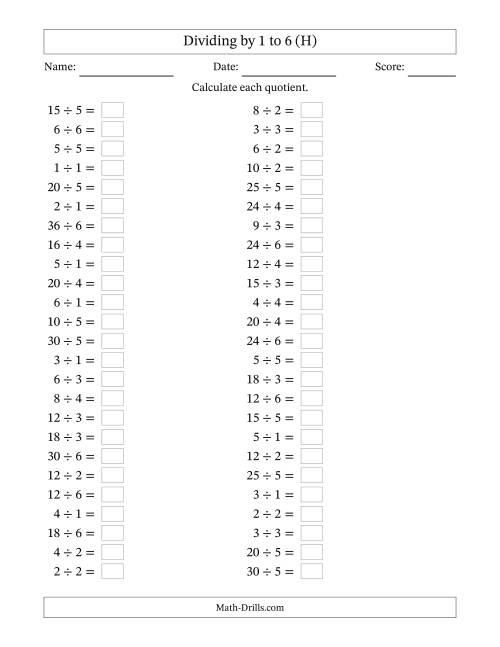 The Horizontally Arranged Division Facts with Divisors 1 to 6 and Dividends to 36 (50 Questions) (H) Math Worksheet