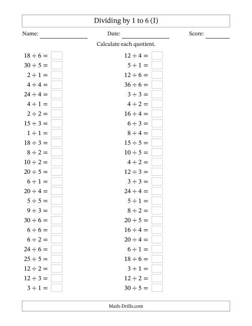 The Horizontally Arranged Division Facts with Divisors 1 to 6 and Dividends to 36 (50 Questions) (I) Math Worksheet