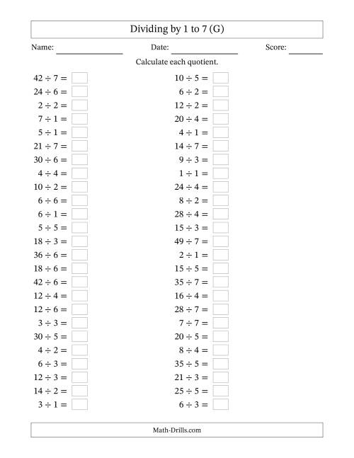 The Horizontally Arranged Division Facts with Divisors 1 to 7 and Dividends to 49 (50 Questions) (G) Math Worksheet
