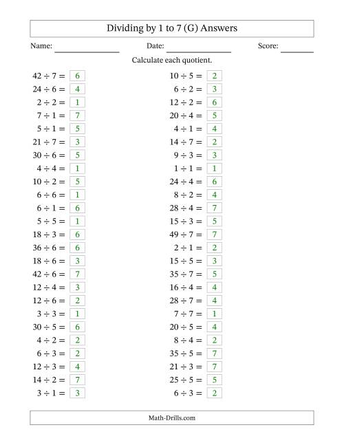 The Horizontally Arranged Division Facts with Divisors 1 to 7 and Dividends to 49 (50 Questions) (G) Math Worksheet Page 2