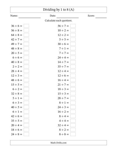 The Horizontally Arranged Division Facts with Divisors 1 to 8 and Dividends to 64 (50 Questions) (A) Math Worksheet