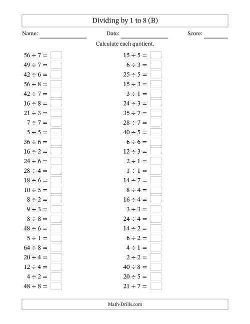 The Horizontally Arranged Division Facts with Divisors 1 to 8 and Dividends to 64 (50 Questions) (B) Math Worksheet