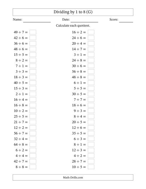 The Horizontally Arranged Division Facts with Divisors 1 to 8 and Dividends to 64 (50 Questions) (G) Math Worksheet