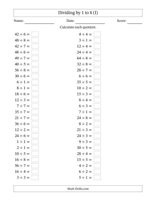 The Horizontally Arranged Division Facts with Divisors 1 to 8 and Dividends to 64 (50 Questions) (I) Math Worksheet