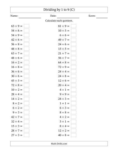 The Horizontally Arranged Division Facts with Divisors 1 to 9 and Dividends to 81 (50 Questions) (C) Math Worksheet