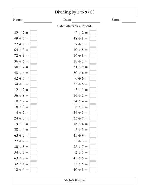 The Horizontally Arranged Division Facts with Divisors 1 to 9 and Dividends to 81 (50 Questions) (G) Math Worksheet