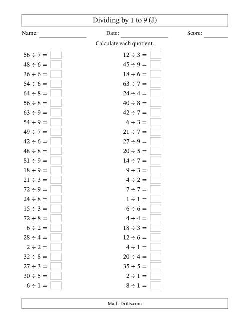 The Horizontally Arranged Division Facts with Divisors 1 to 9 and Dividends to 81 (50 Questions) (J) Math Worksheet