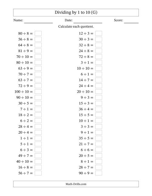 The Horizontally Arranged Division Facts with Divisors 1 to 10 and Dividends to 100 (50 Questions) (G) Math Worksheet