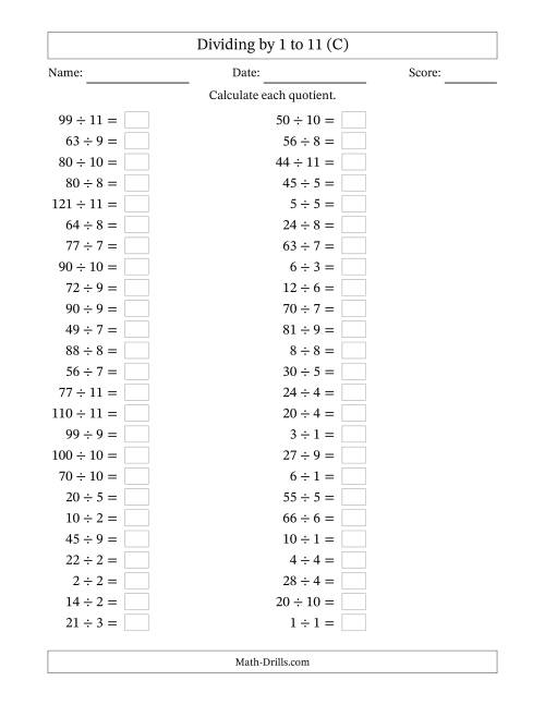 The Horizontally Arranged Division Facts with Divisors 1 to 11 and Dividends to 121 (50 Questions) (C) Math Worksheet