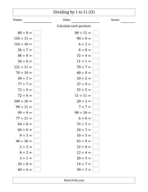The Horizontally Arranged Division Facts with Divisors 1 to 11 and Dividends to 121 (50 Questions) (D) Math Worksheet