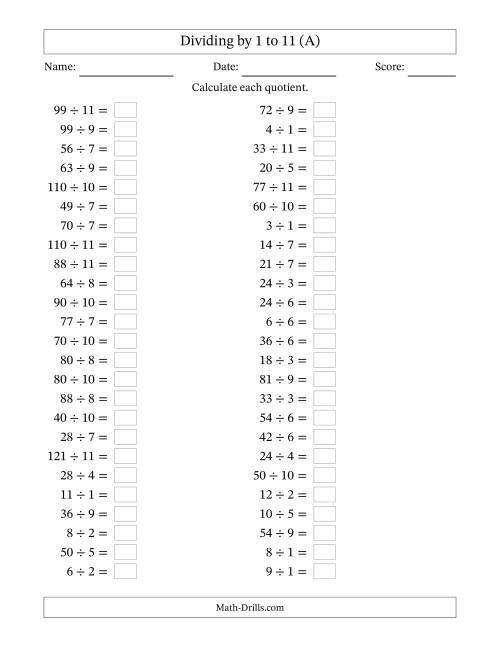The Horizontally Arranged Division Facts with Divisors 1 to 11 and Dividends to 121 (50 Questions) (All) Math Worksheet