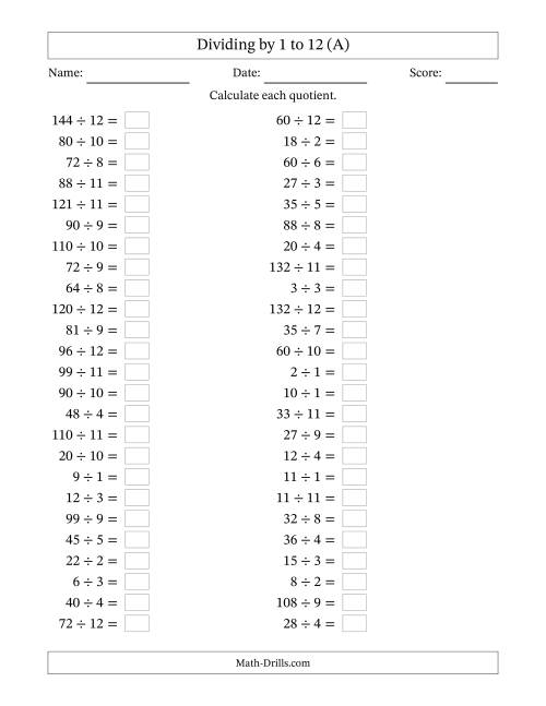 The Horizontally Arranged Division Facts with Divisors 1 to 12 and Dividends to 144 (50 Questions) (A) Math Worksheet