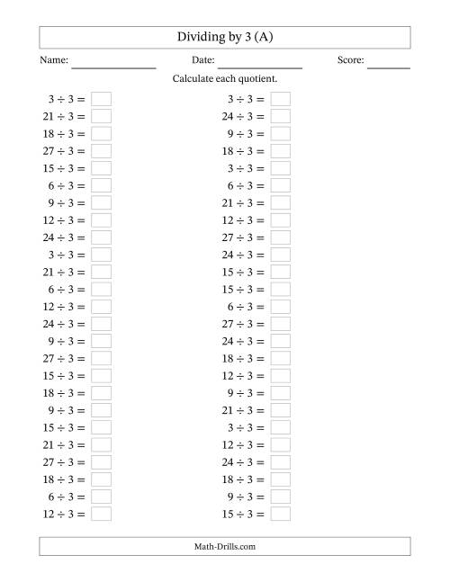 The Horizontally Arranged Dividing by 3 with Quotients 1 to 9 (50 Questions) (A) Math Worksheet