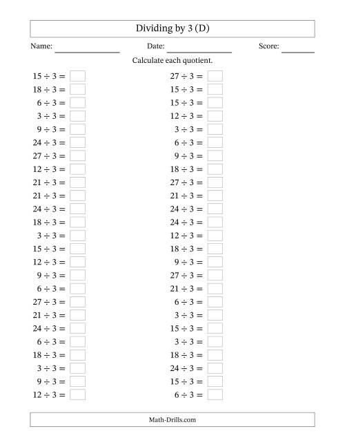 The Horizontally Arranged Dividing by 3 with Quotients 1 to 9 (50 Questions) (D) Math Worksheet