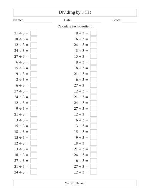 The Horizontally Arranged Dividing by 3 with Quotients 1 to 9 (50 Questions) (H) Math Worksheet