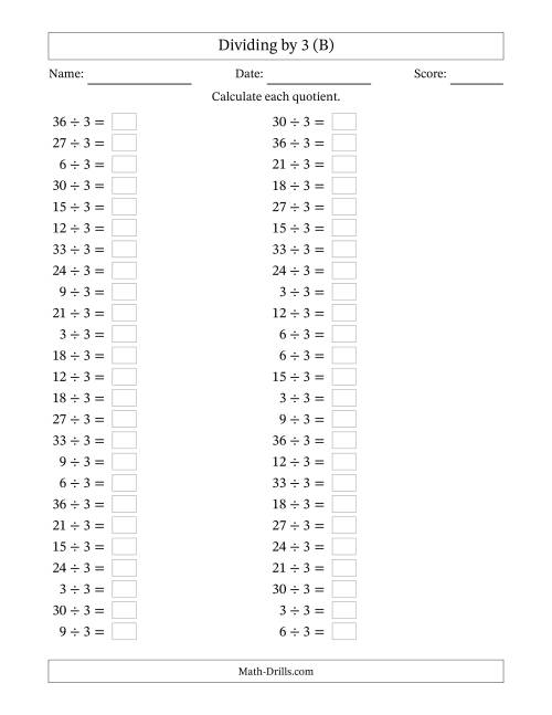 The Horizontally Arranged Dividing by 3 with Quotients 1 to 12 (50 Questions) (B) Math Worksheet
