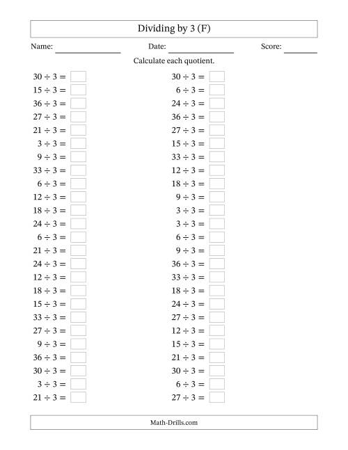 The Horizontally Arranged Dividing by 3 with Quotients 1 to 12 (50 Questions) (F) Math Worksheet