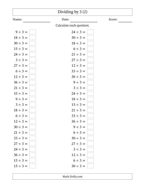 The Horizontally Arranged Dividing by 3 with Quotients 1 to 12 (50 Questions) (J) Math Worksheet