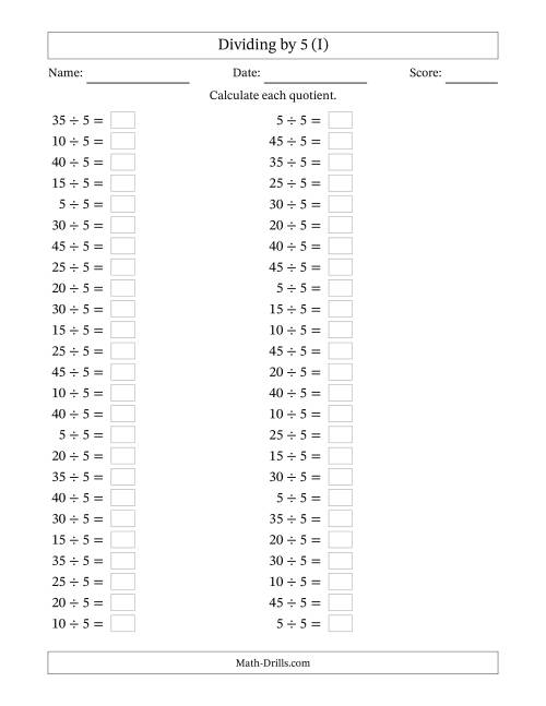 The Horizontally Arranged Dividing by 5 with Quotients 1 to 9 (50 Questions) (I) Math Worksheet