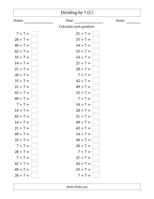 The Horizontally Arranged Dividing by 7 with Quotients 1 to 7 (50 Questions) (C) Math Worksheet