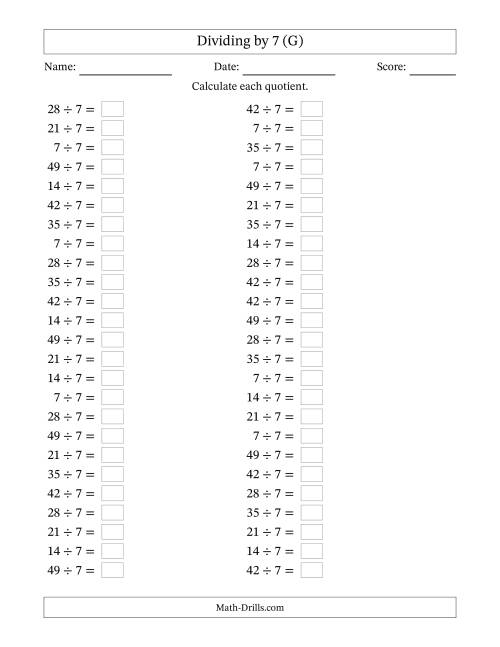 The Horizontally Arranged Dividing by 7 with Quotients 1 to 7 (50 Questions) (G) Math Worksheet