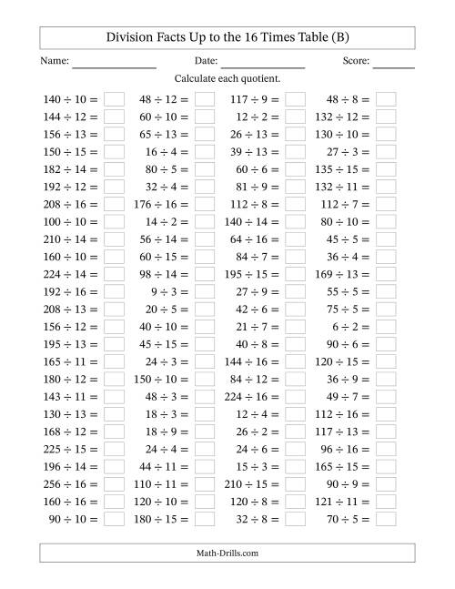 The Horizontally Arranged Division Facts Up to the 16 Times Table (100 Questions) (B) Math Worksheet