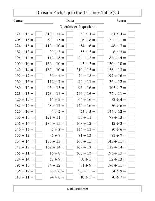 The Horizontally Arranged Division Facts Up to the 16 Times Table (100 Questions) (C) Math Worksheet